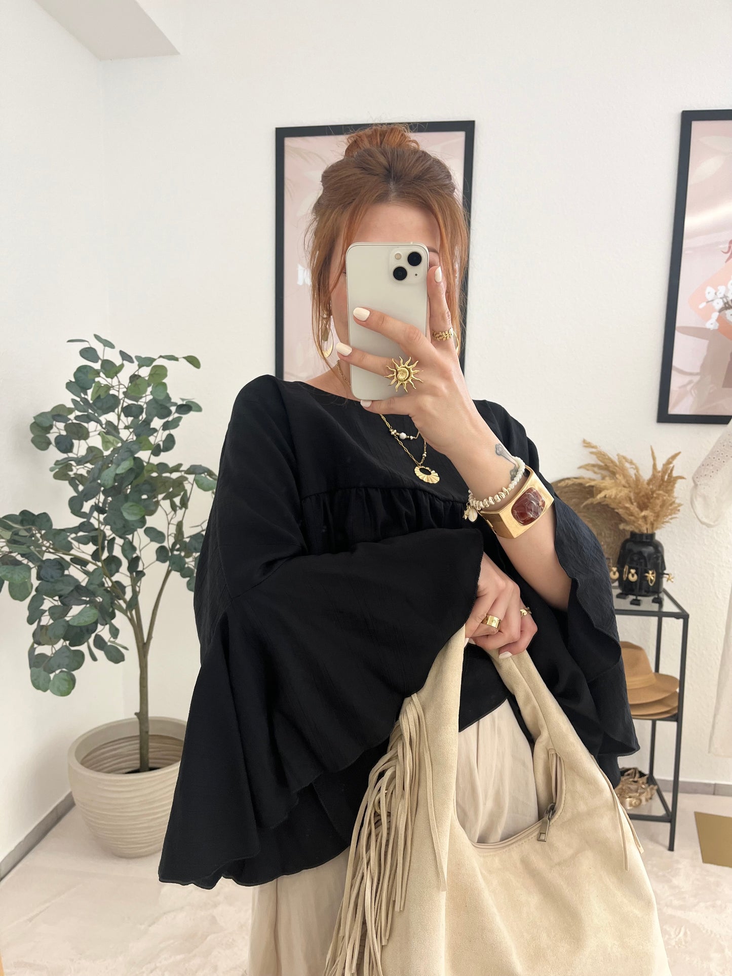 Bluse "Melissa" schwarz - Bluse mit weiten Rüschen