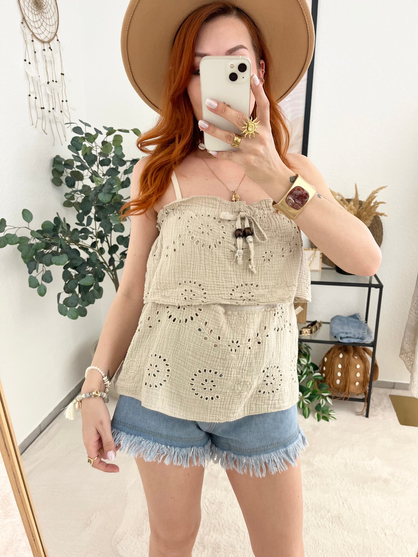 Top "Leonie" beige - Lochstrick Sommertop