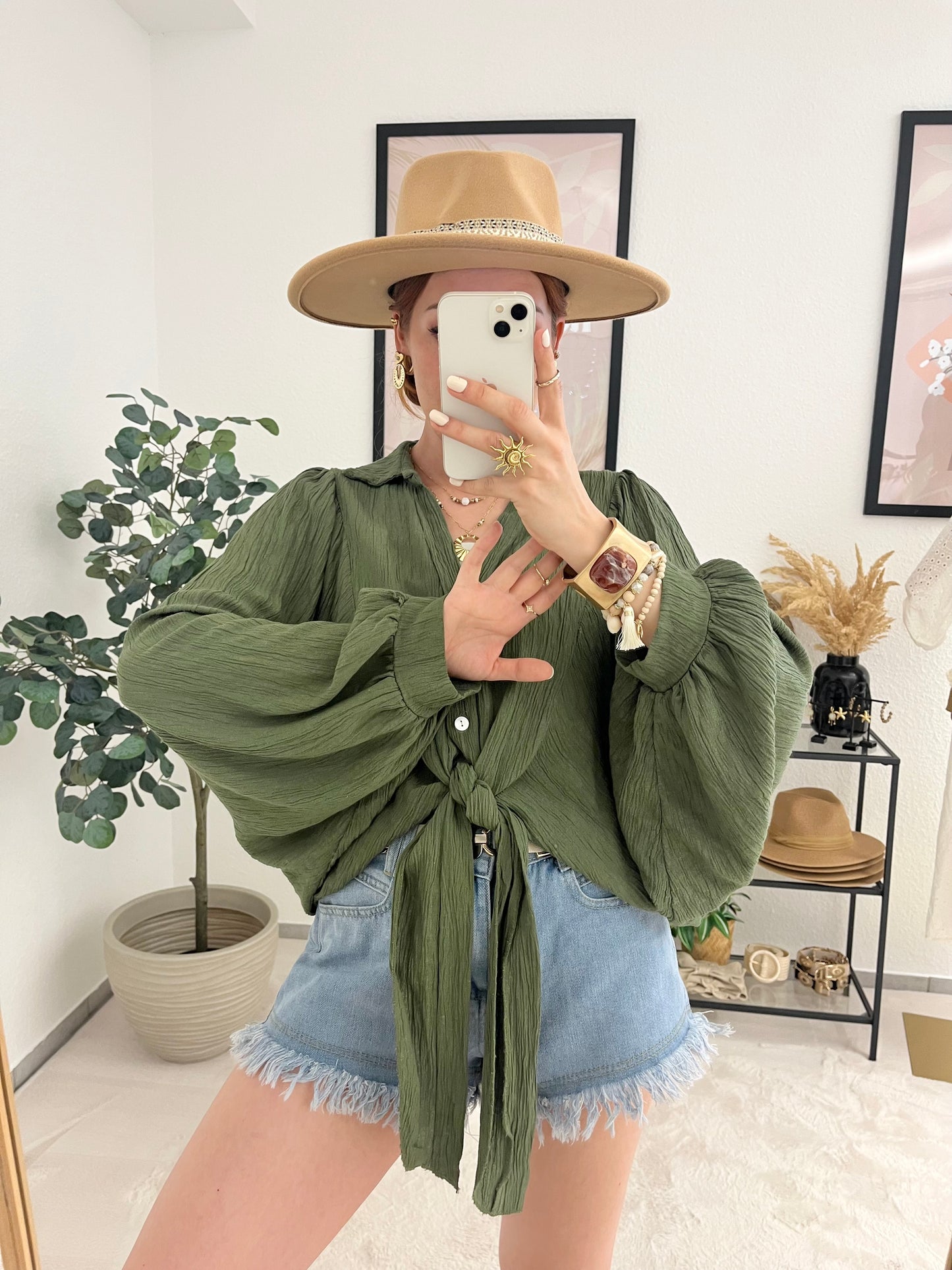 Bluse "Agneta" khaki - weite Ballonbluse mit Knotenlook