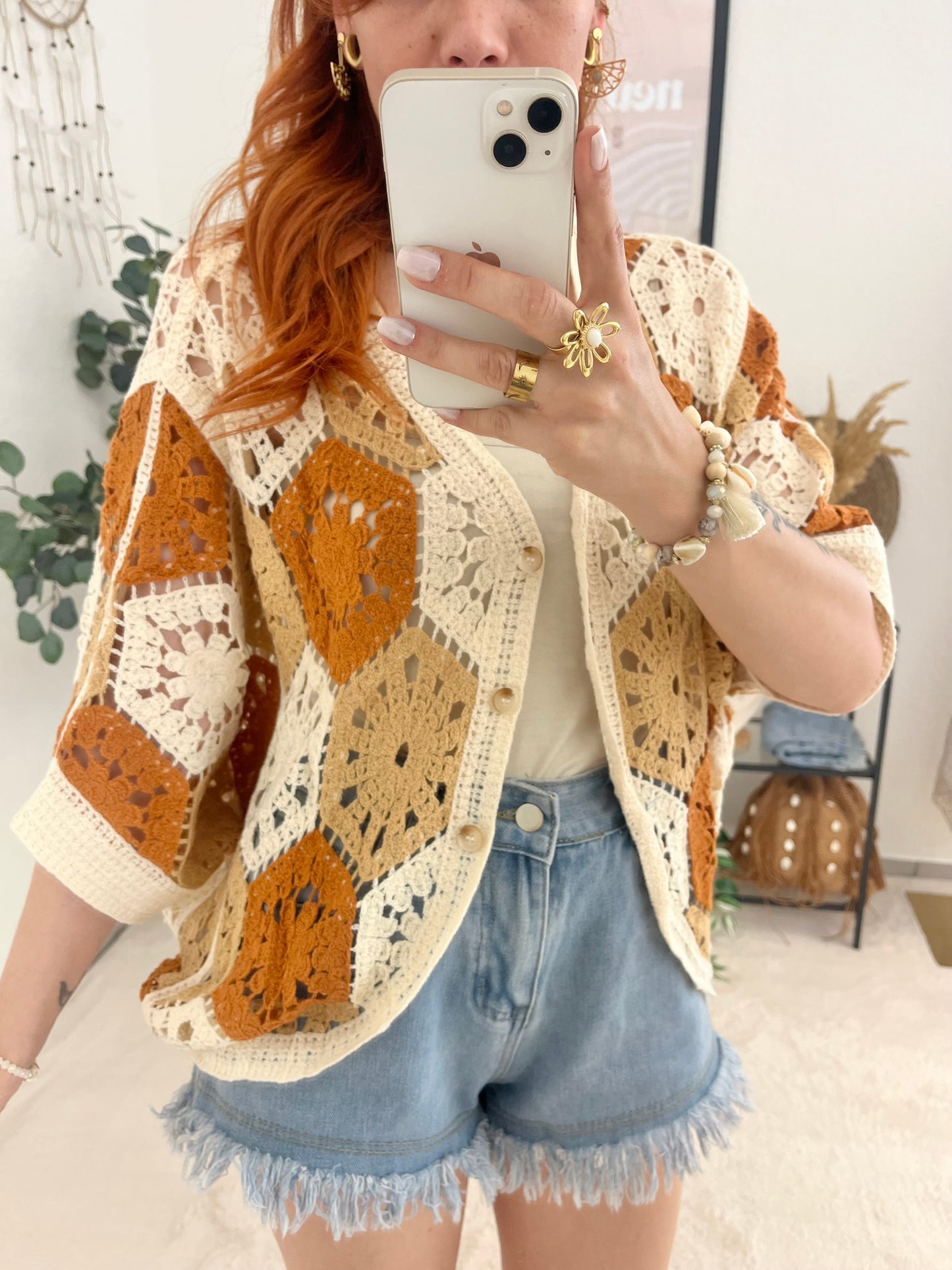 Häkelcardigan "Bianca" - Bohostil Cardigan mit Knöpfen