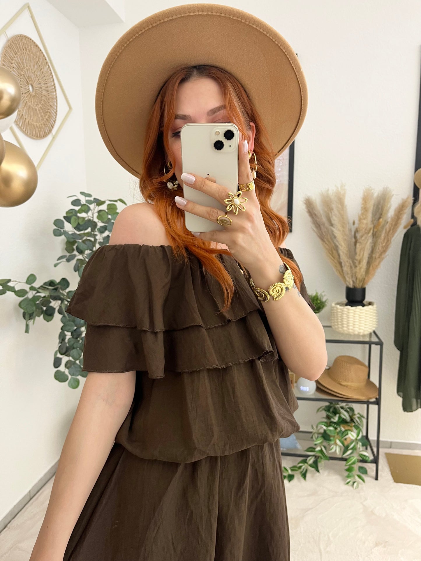 Kleid "Katharine" braun - Offshoulder Kleid mit Rüschen