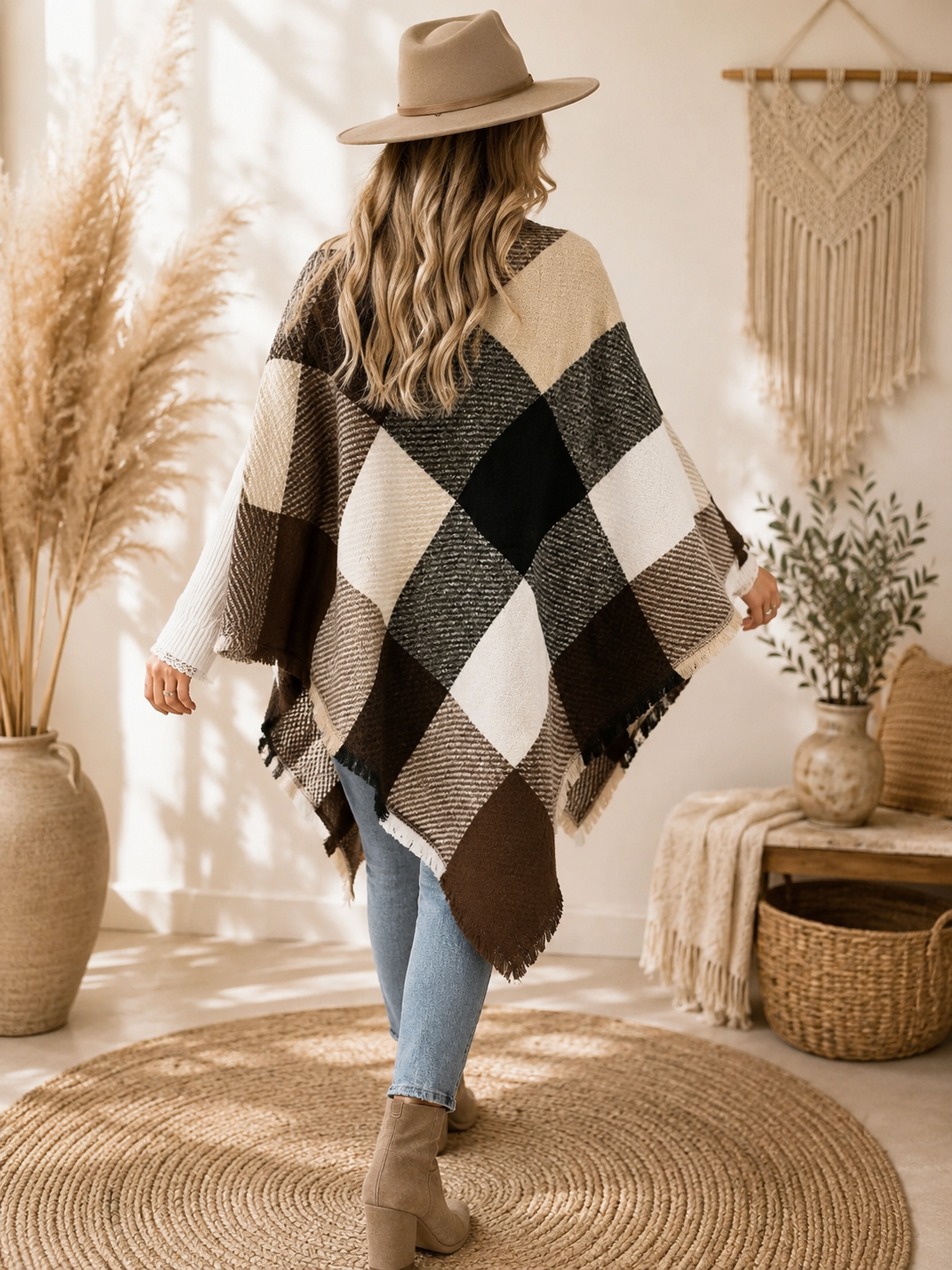 Poncho "HANNA" - karierter Poncho mit leichten Fransen