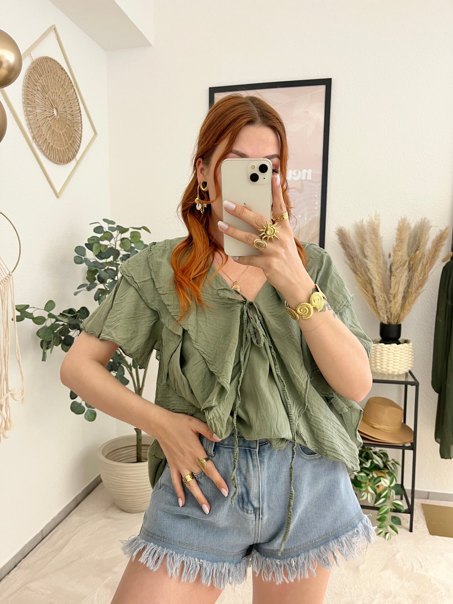 Bluse "Cindi" khaki- süße Rüschenbluse