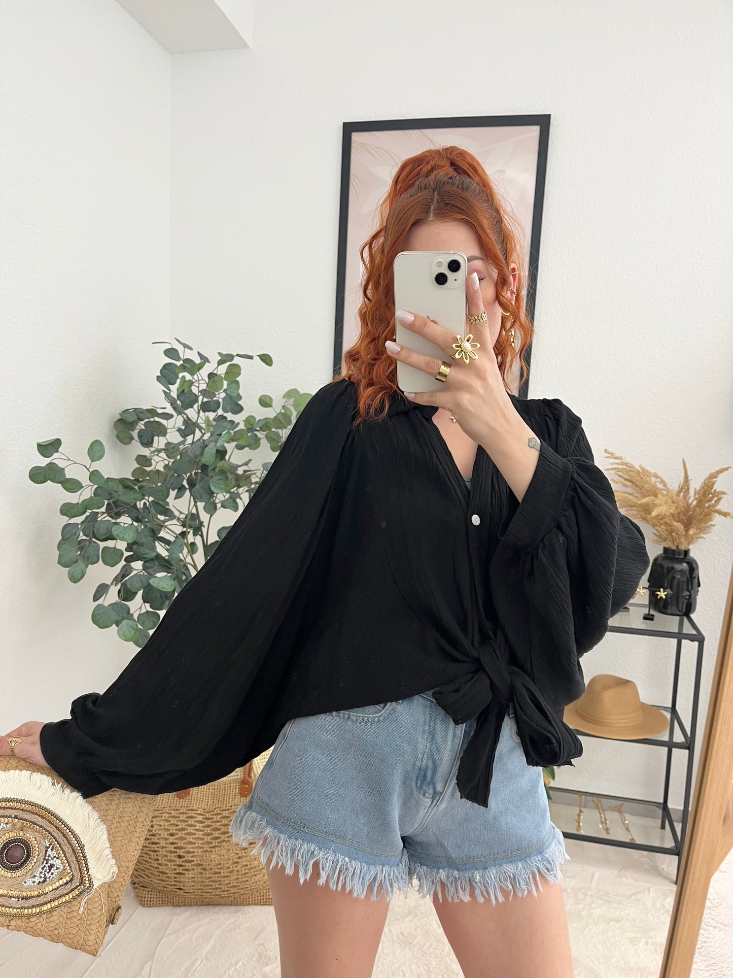 Bluse "Agneta" schwarz - weite Ballonbluse mit Knotenlook