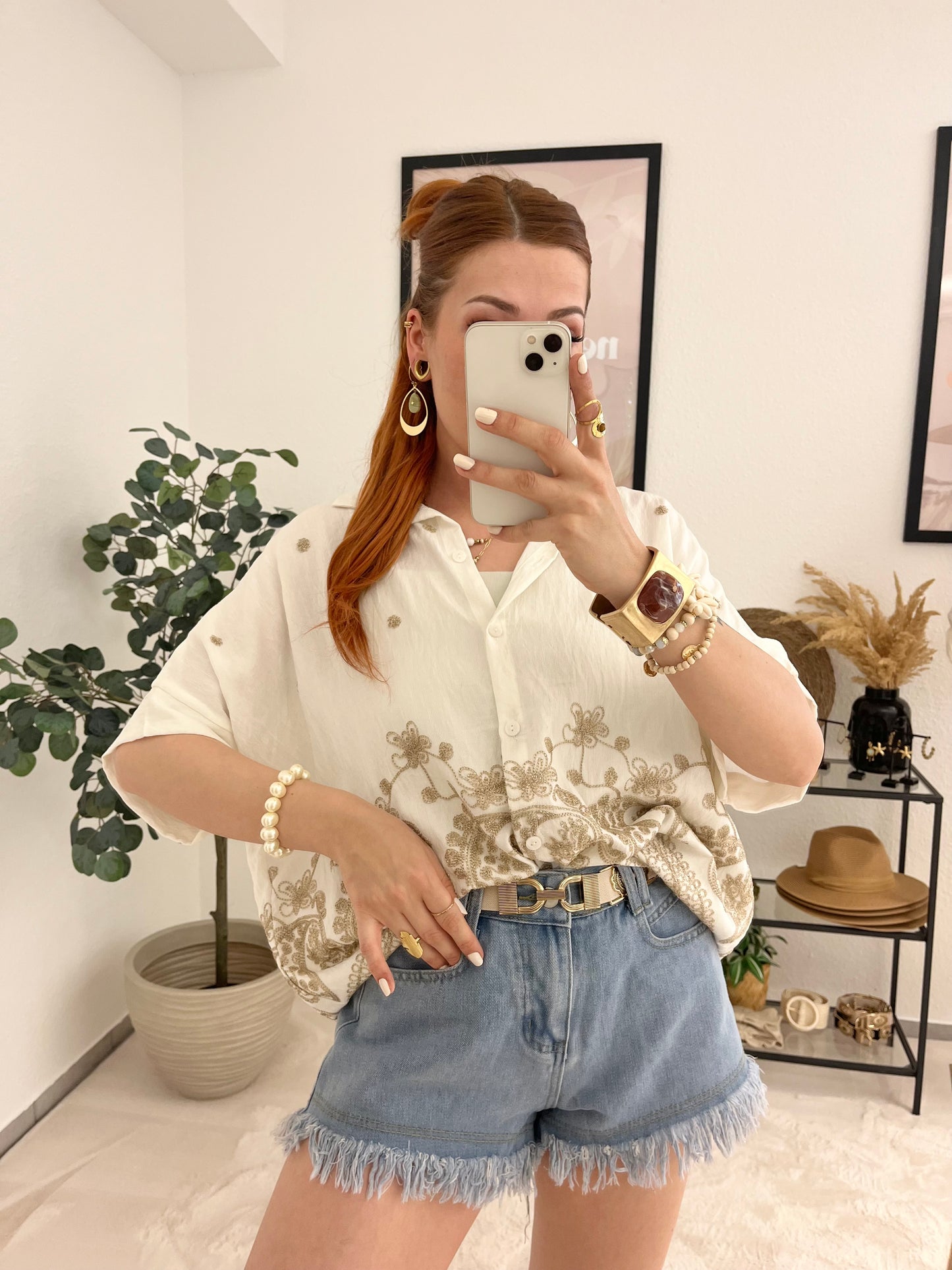 Bluse "Cleo" creme - Hemdbluse mit goldenen Strickereien Boho