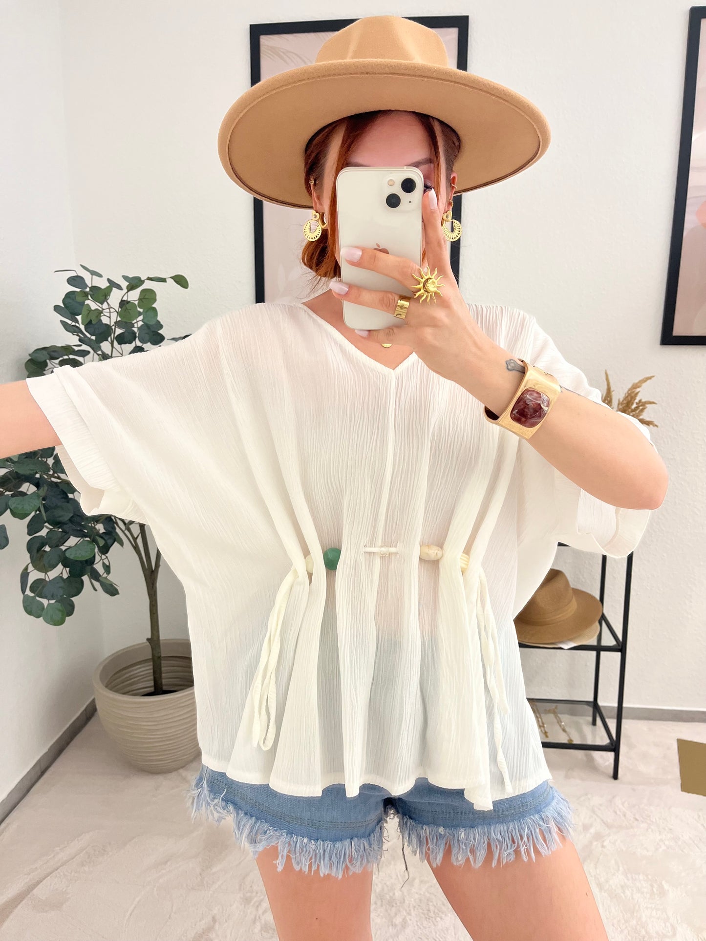 Oberteil "Anita" weiß - Shirtbluse mit Steindetails