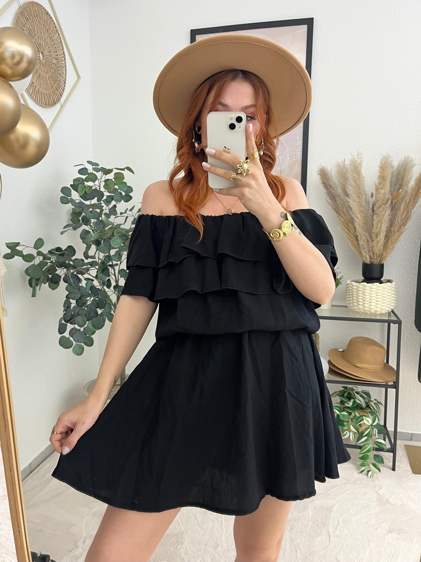 Kleid "Katharine" schwarz - Offshoulder Kleid mit Rüschen