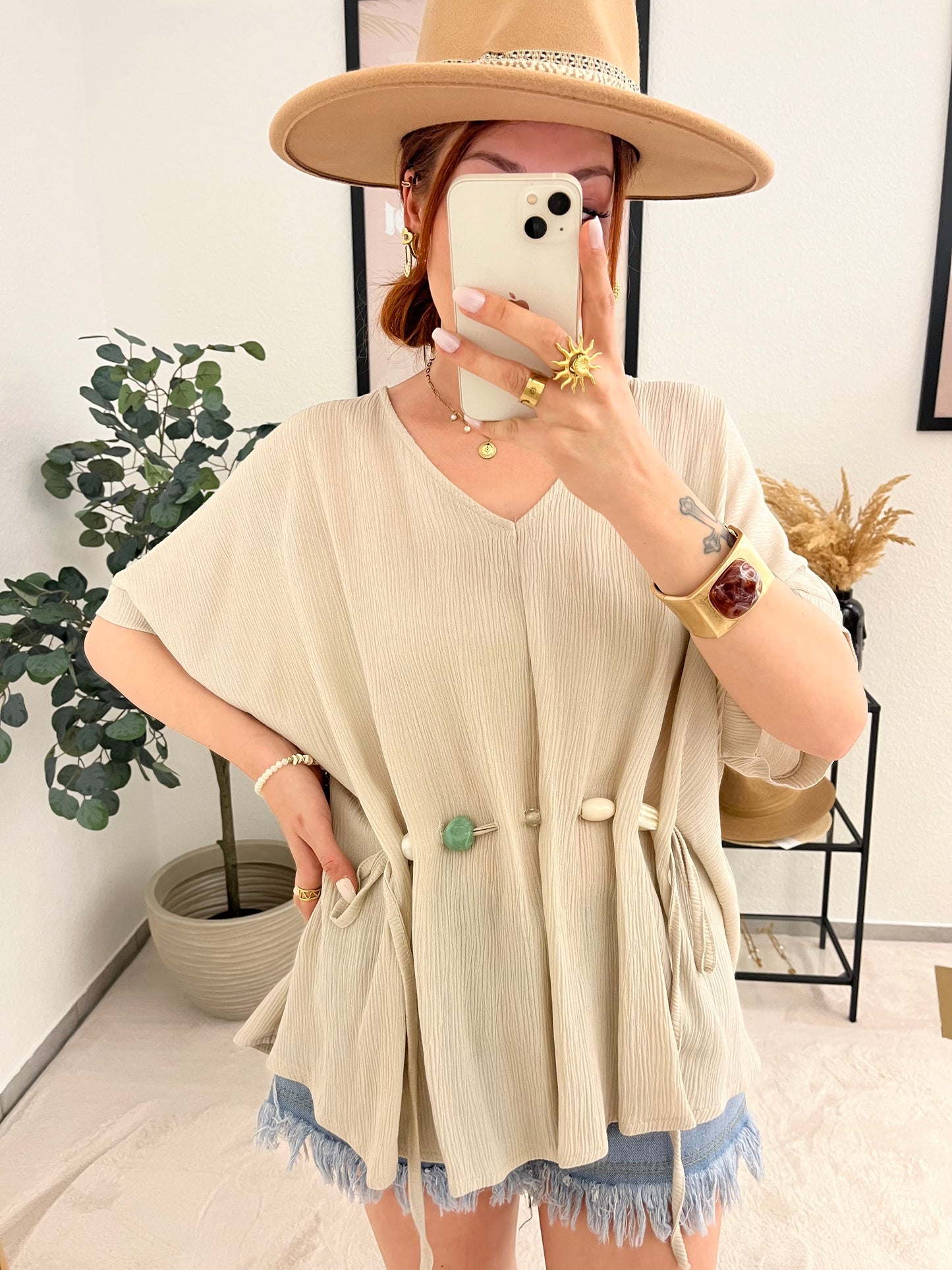 Oberteil "Anita" creme - Shirtbluse mit Steindetails