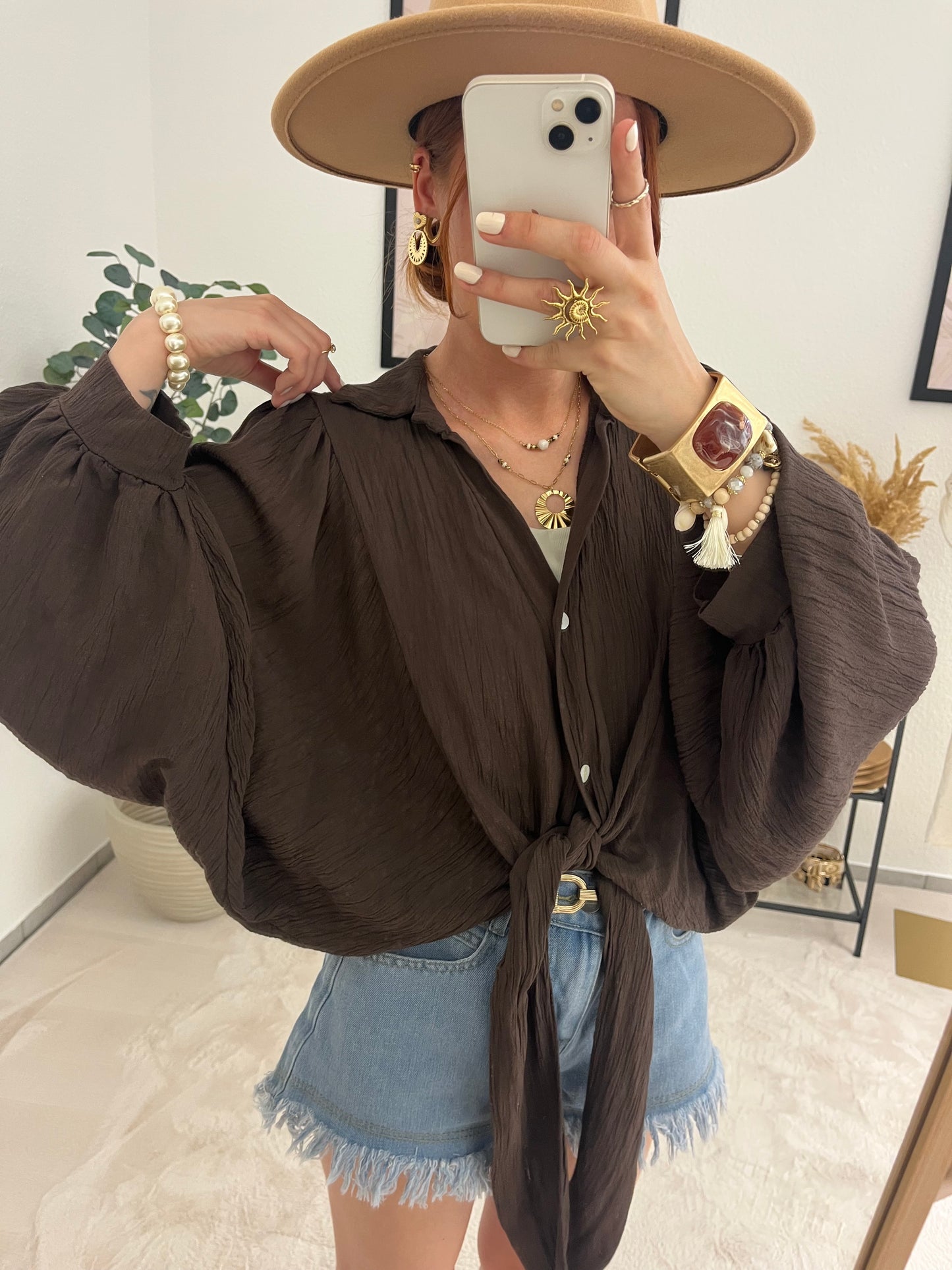 Bluse "Agneta" braun - weite Ballonbluse mit Knotenlook