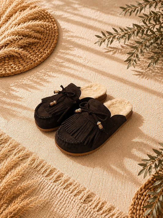 Boho Mokassin-Clogs mit Fransen in Dunkelbraun