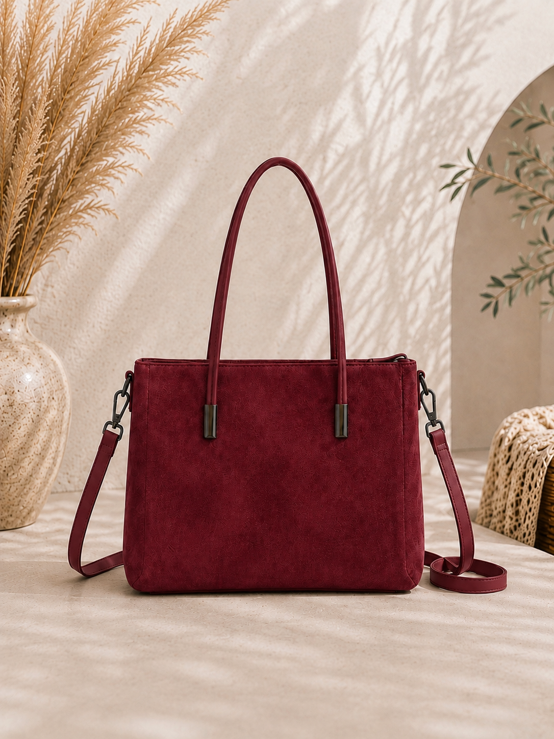 Tasche "Luxy" - Tragetasche im Wildlederlook Weinrot- zwei Größen