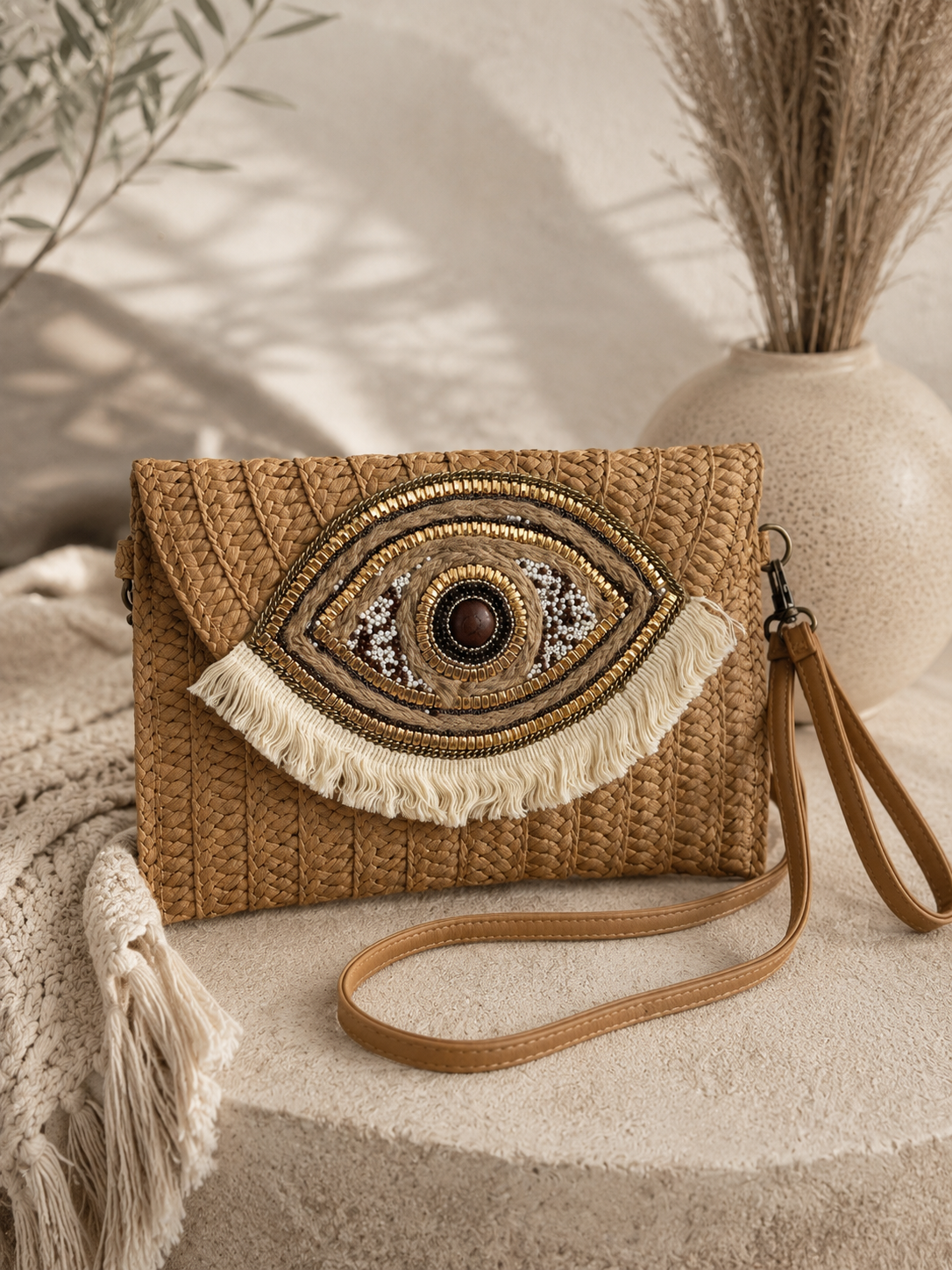 Tasche "Eylo" Bohotasche mit Fransen und Perlen