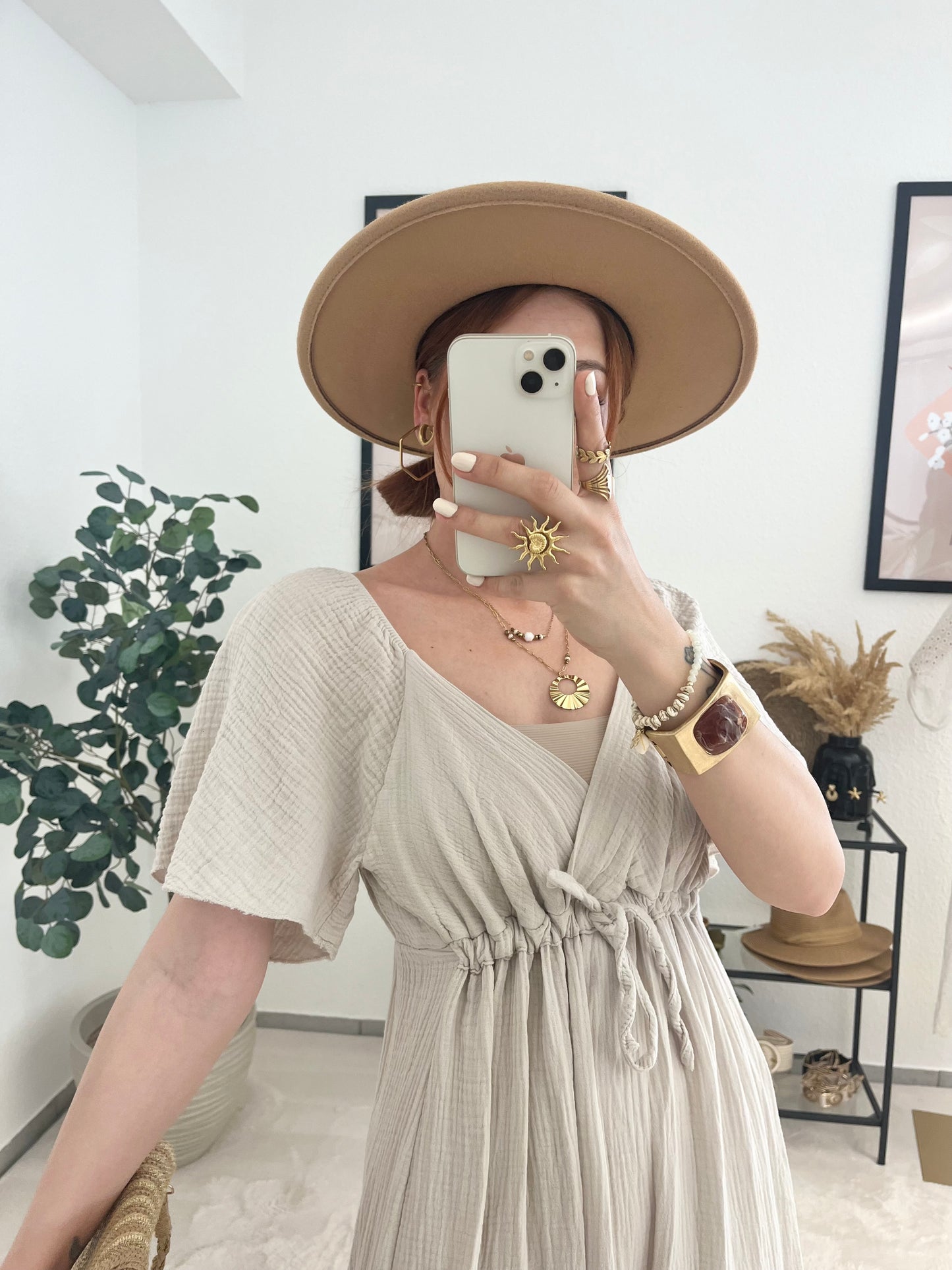 Musselinkleid "Sophia" beige - Maxikleid V-Auschnitt