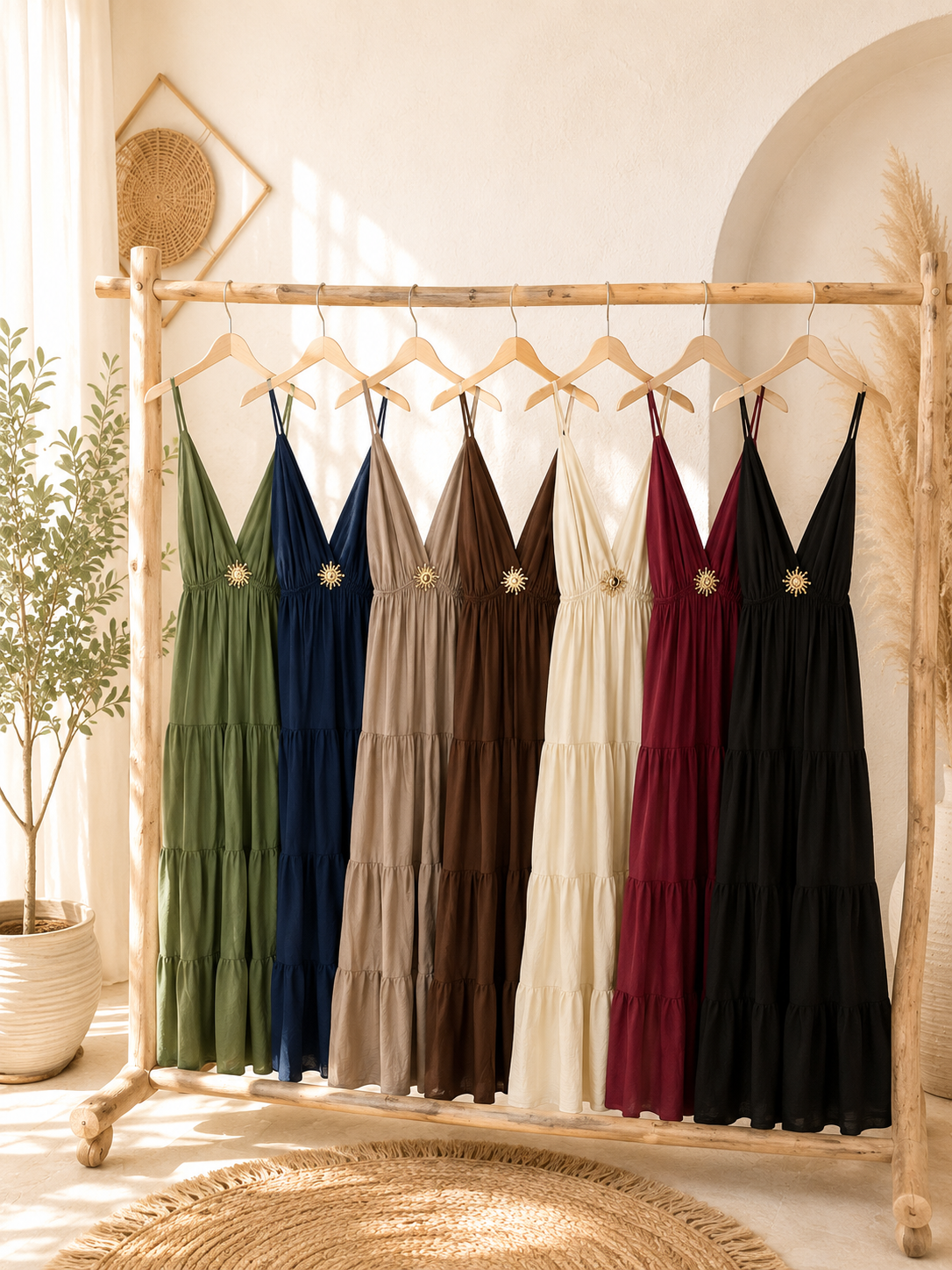 Maxikleid "Soleil" - verschiedene Farben mit Brosche