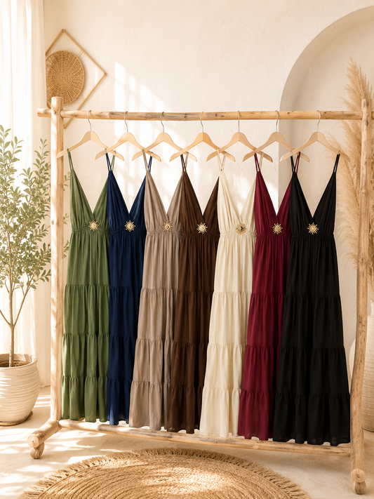 Maxikleid "Soleil" - verschiedene Farben mit Brosche