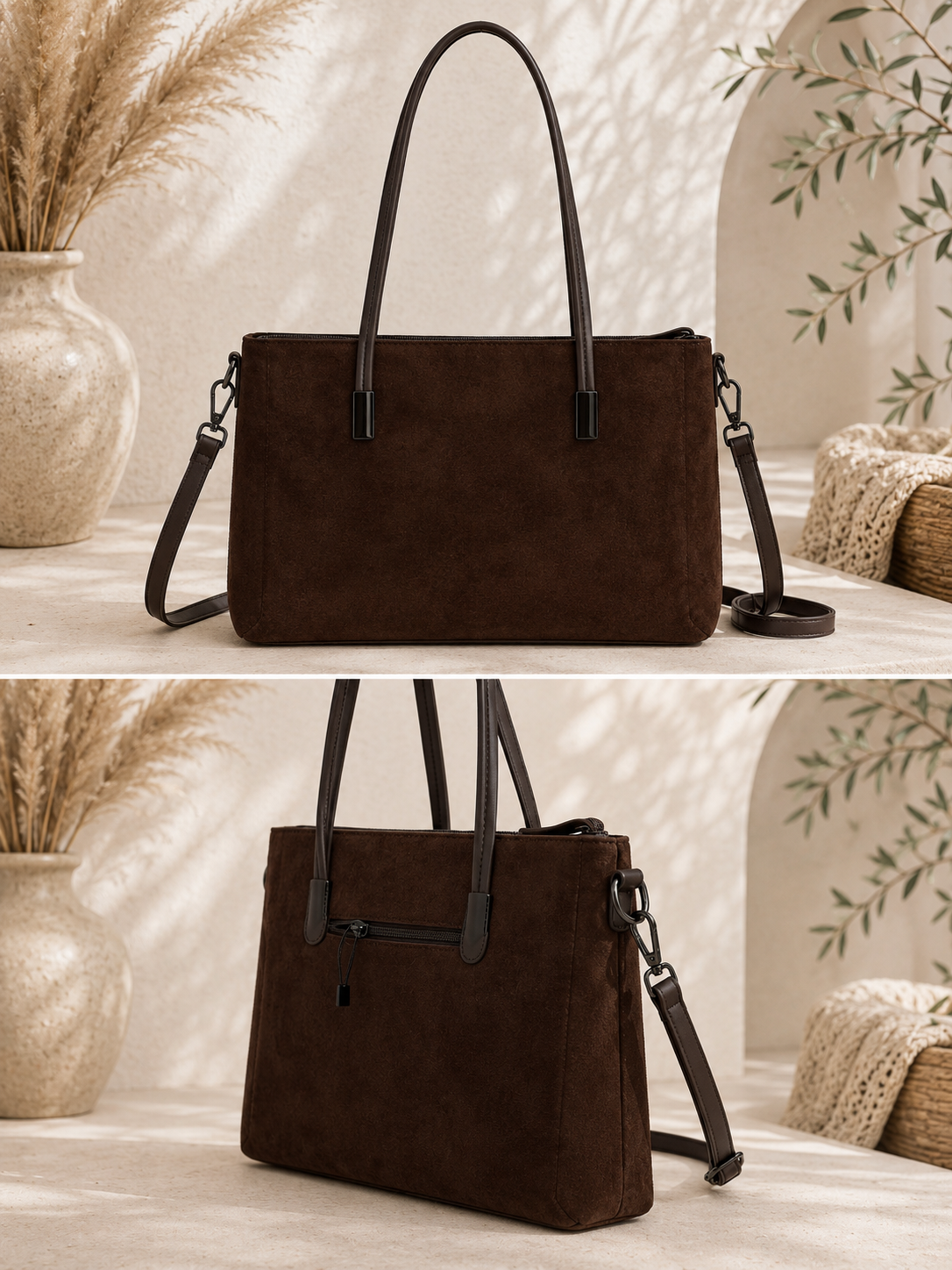 Tasche "Luxy" - Tragetasche im Wildlederlook dunkelbraun- zwei Größen