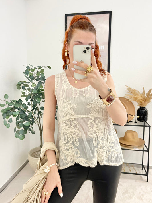 Top "Amanda" creme - Bohotop mit Häkeldetails