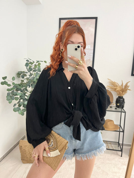 Bluse "Agneta" schwarz - weite Ballonbluse mit Knotenlook