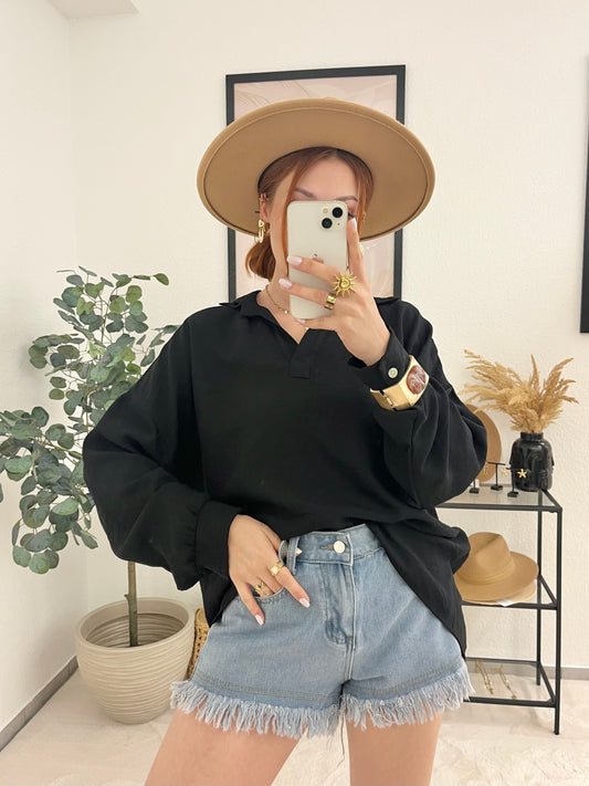 Bluse "Joline" schwarz - langarm Bluse mit Kragen