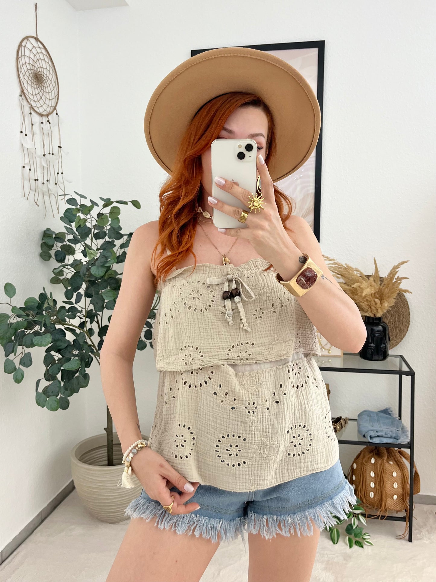 Top "Leonie" beige - Lochstrick Sommertop