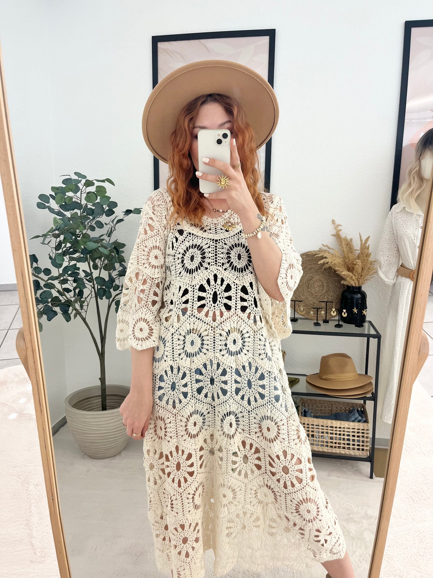 Strickkleid "Ohana" creme - Boho Häkelkleid