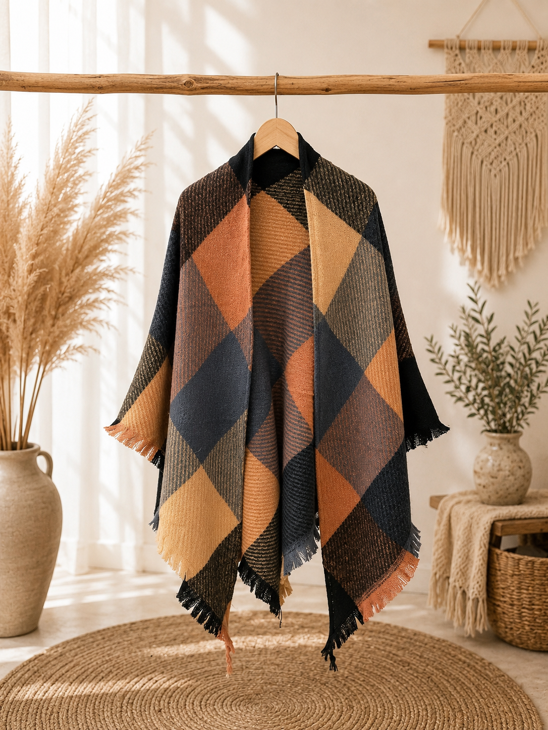 Poncho "HANNA" - karierter Poncho mit leichten Fransen
