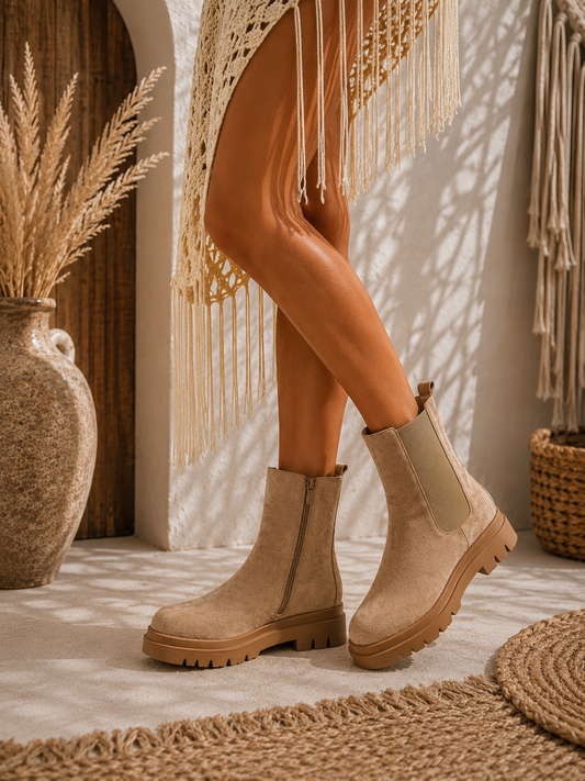 Chunky Chelsea Boots "JEANNY" - Wildlederlook in beige