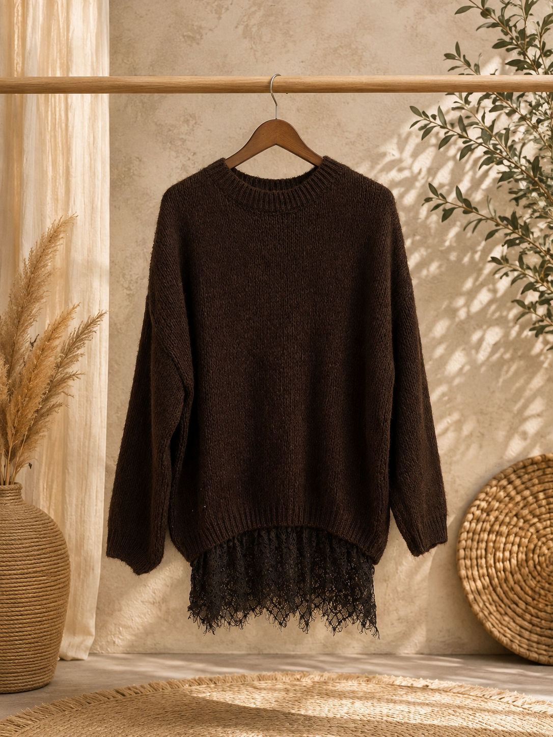 Pullover "SISSI" mit Spitze in dunkelbraun