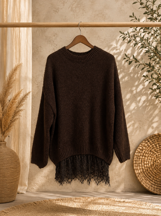 Pullover "SISSI" mit Spitze in dunkelbraun