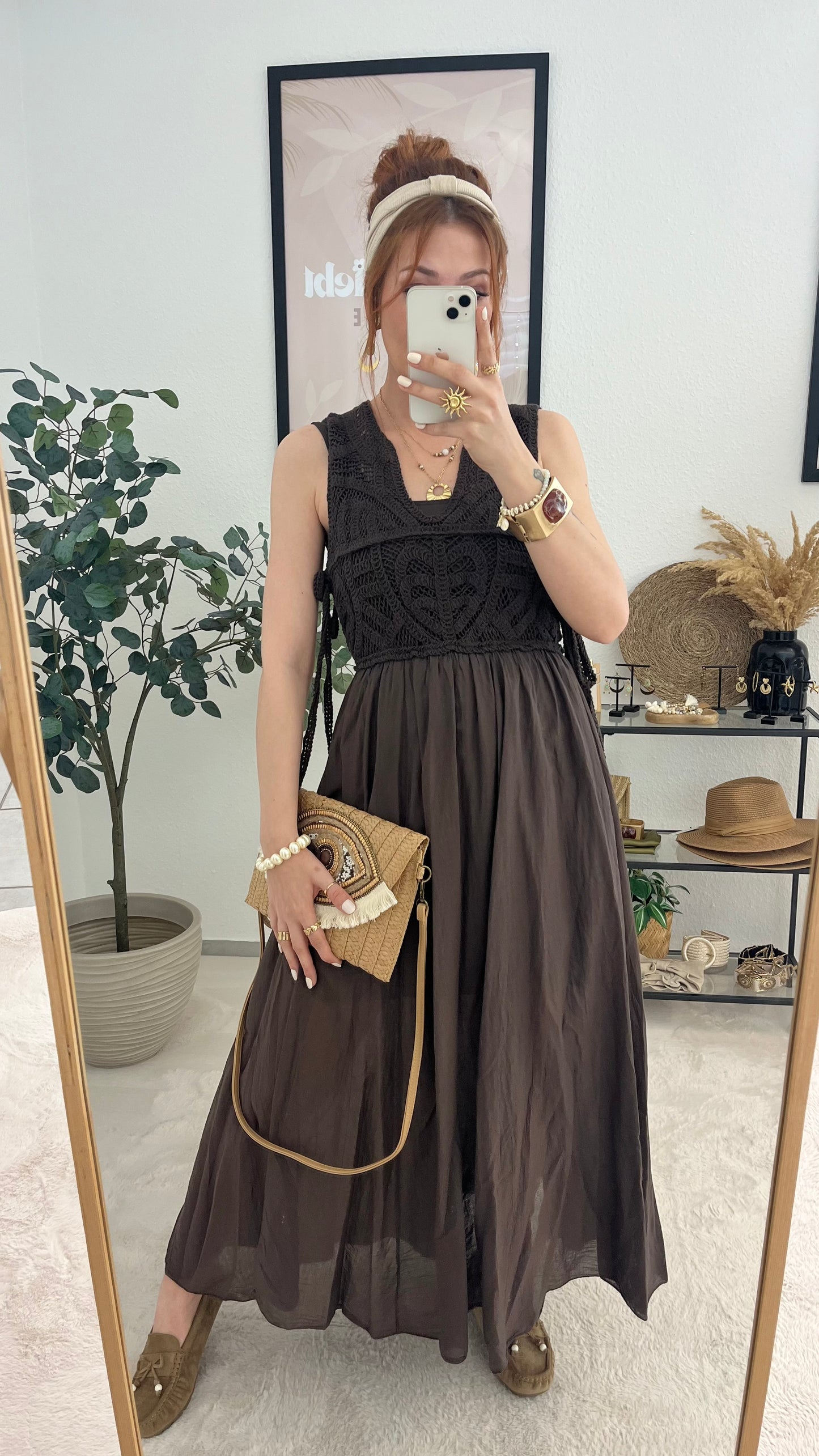 Kleid "Natalia" braun - Stricklook leichtes Kleid im Boho Style