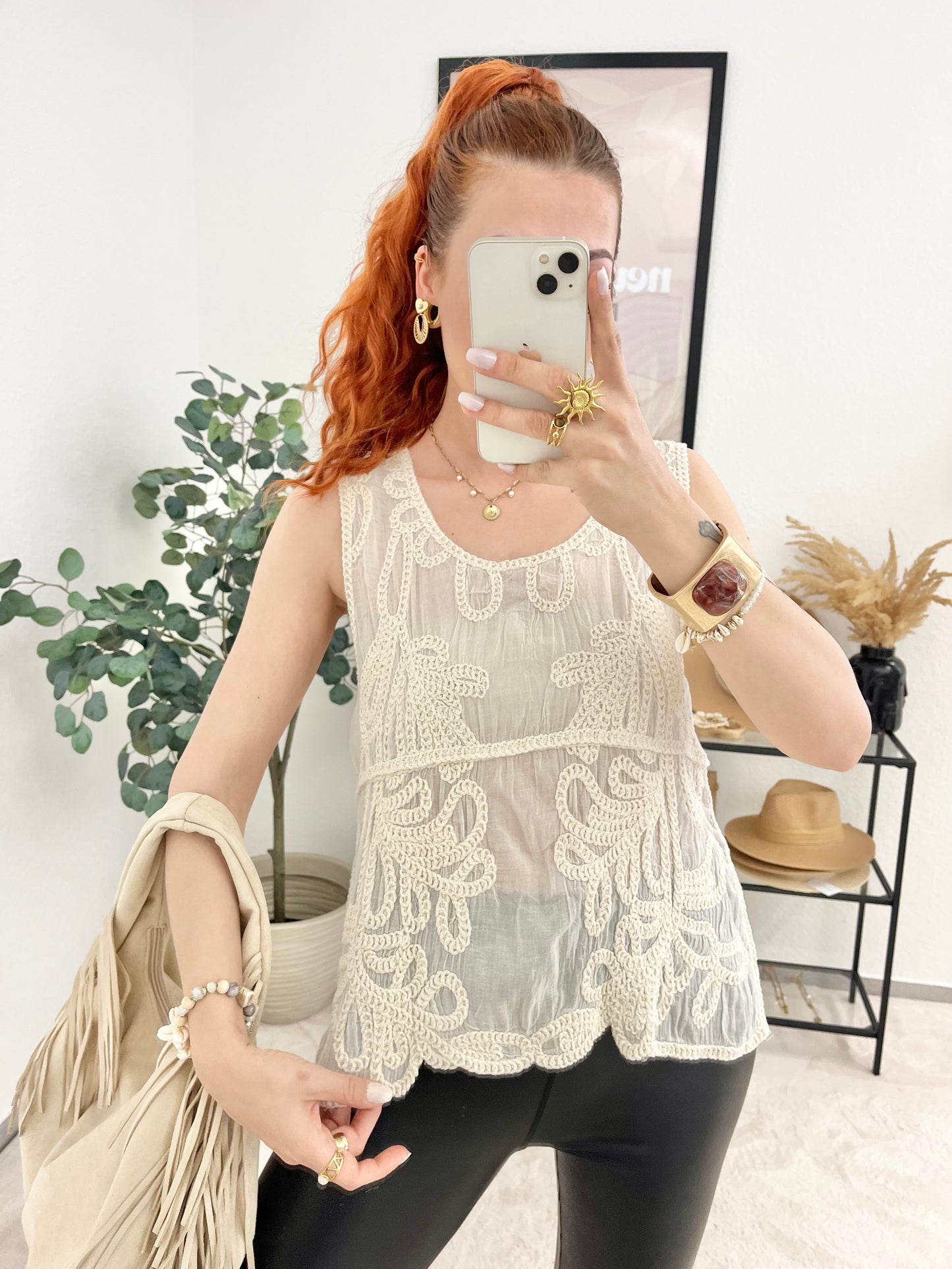 Top "Amanda" creme - Bohotop mit Häkeldetails