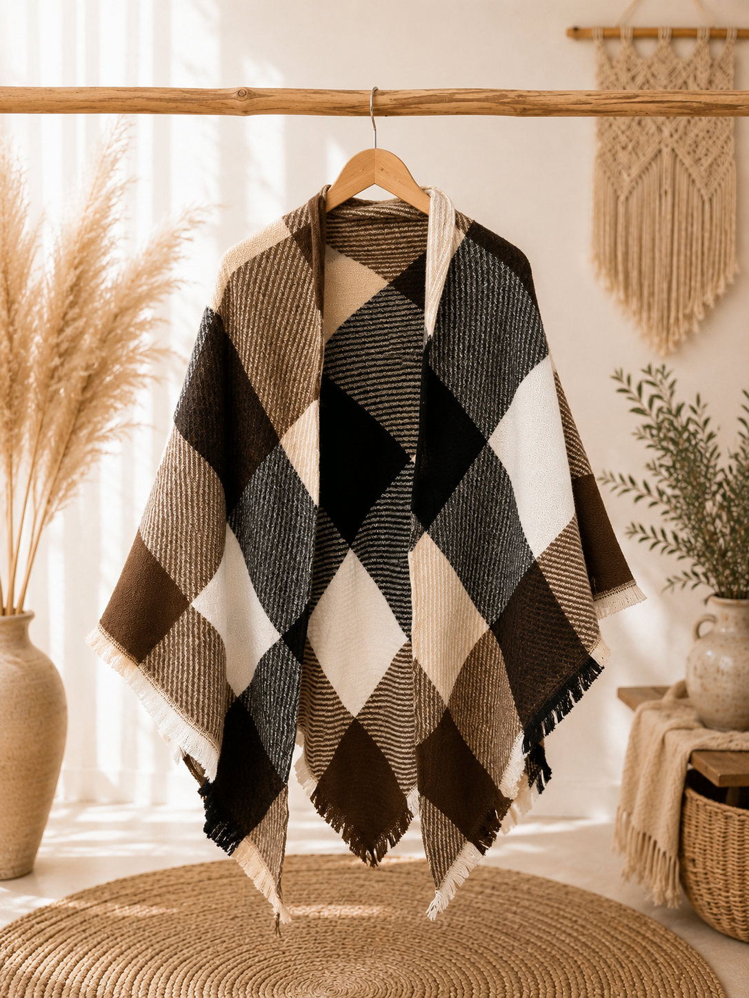Poncho "HANNA" - karierter Poncho mit leichten Fransen