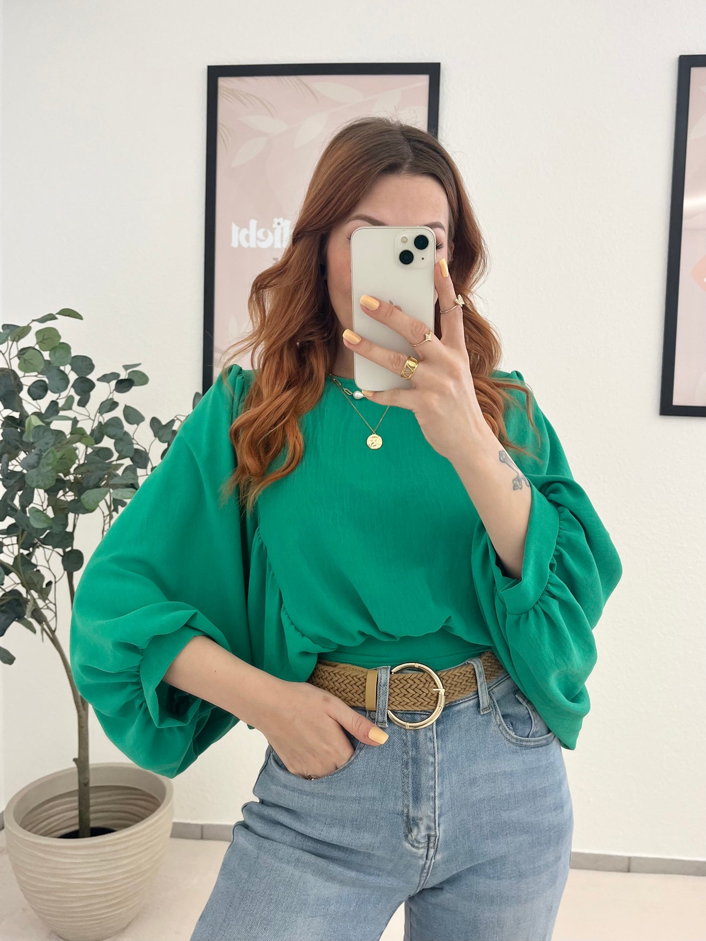 Bluse "Flowy" - Ballonärmel Bluse grün