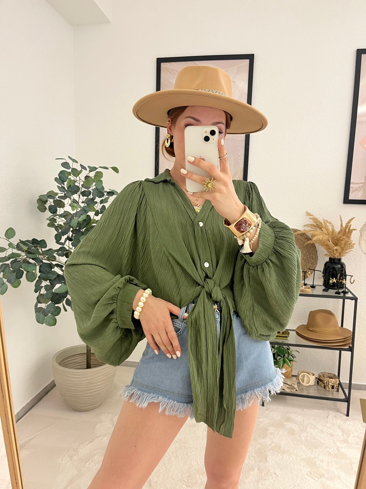 Bluse "Agneta" khaki - weite Ballonbluse mit Knotenlook