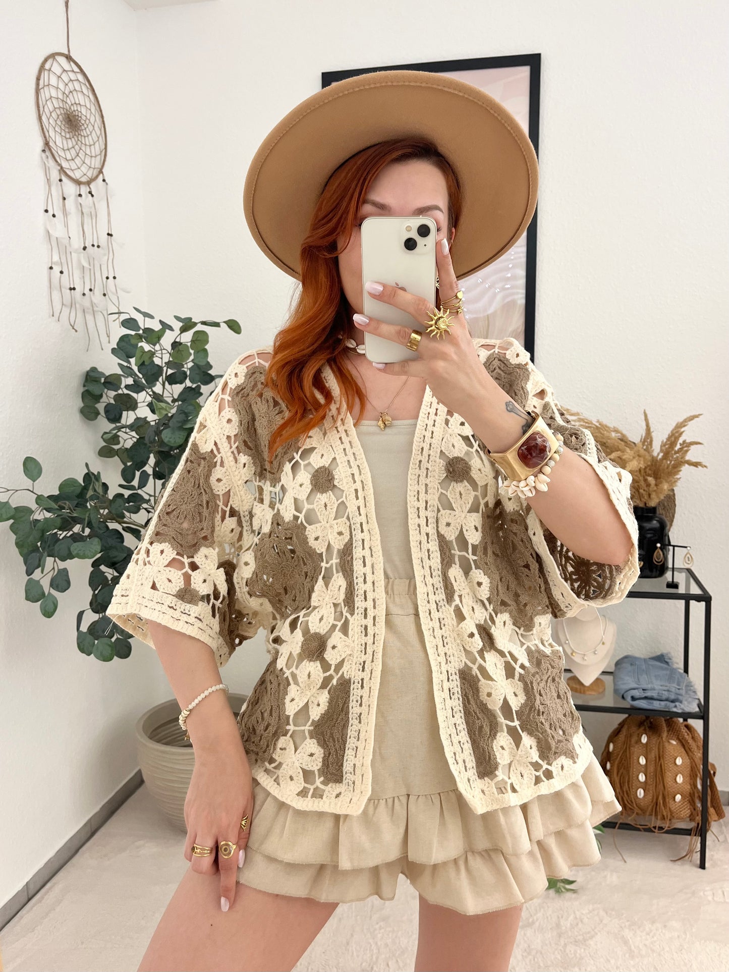 Häkeljacke "Aline" taupe - Boholook Cardigan