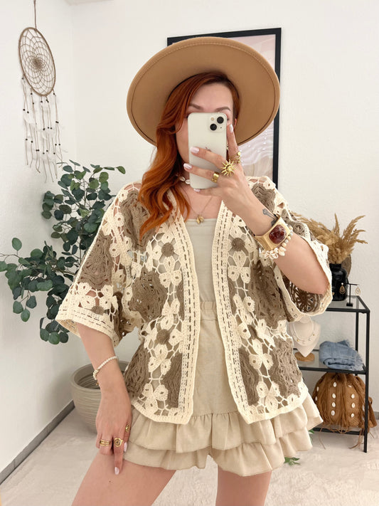 Häkeljacke "Aline" taupe - Boholook Cardigan