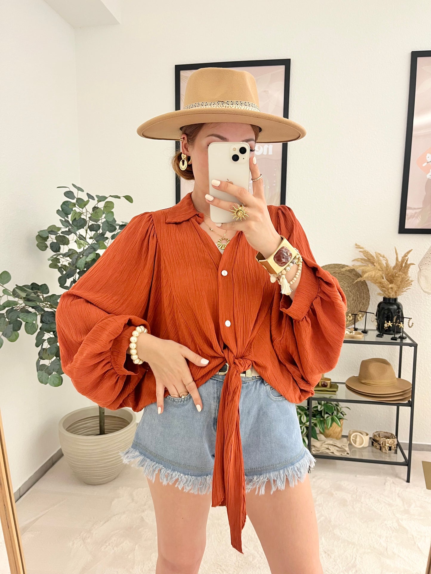 Bluse "Agneta" rost - weite Ballonbluse mit Knotenlook