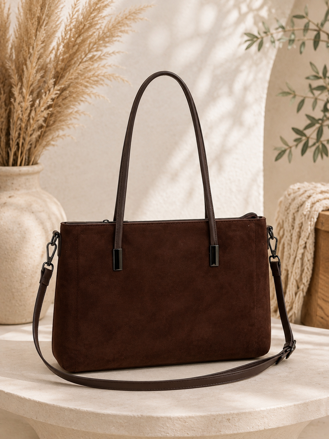 Tasche "Luxy" - Tragetasche im Wildlederlook dunkelbraun- zwei Größen