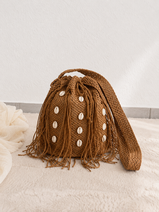Tasche "Kiali" - mit Muscheldetails | Zugbeutel mit Fransen