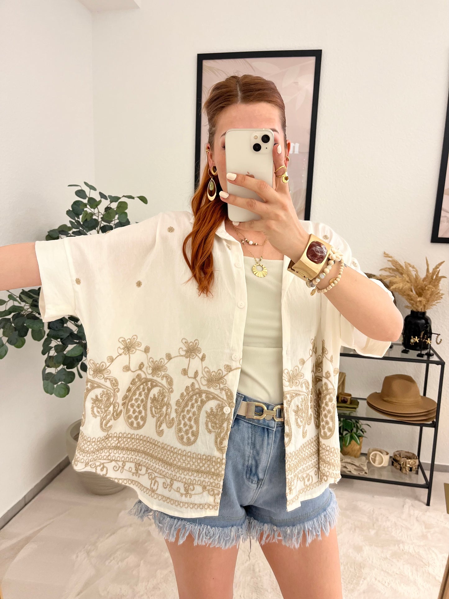 Bluse "Cleo" creme - Hemdbluse mit goldenen Strickereien Boho