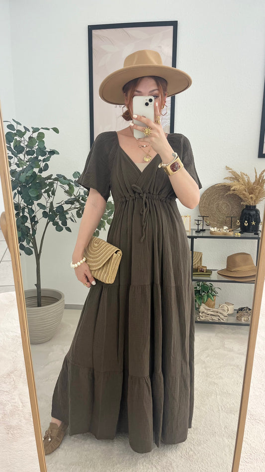 Musselinkleid "Sophia" braun - Maxikleid V-Auschnitt