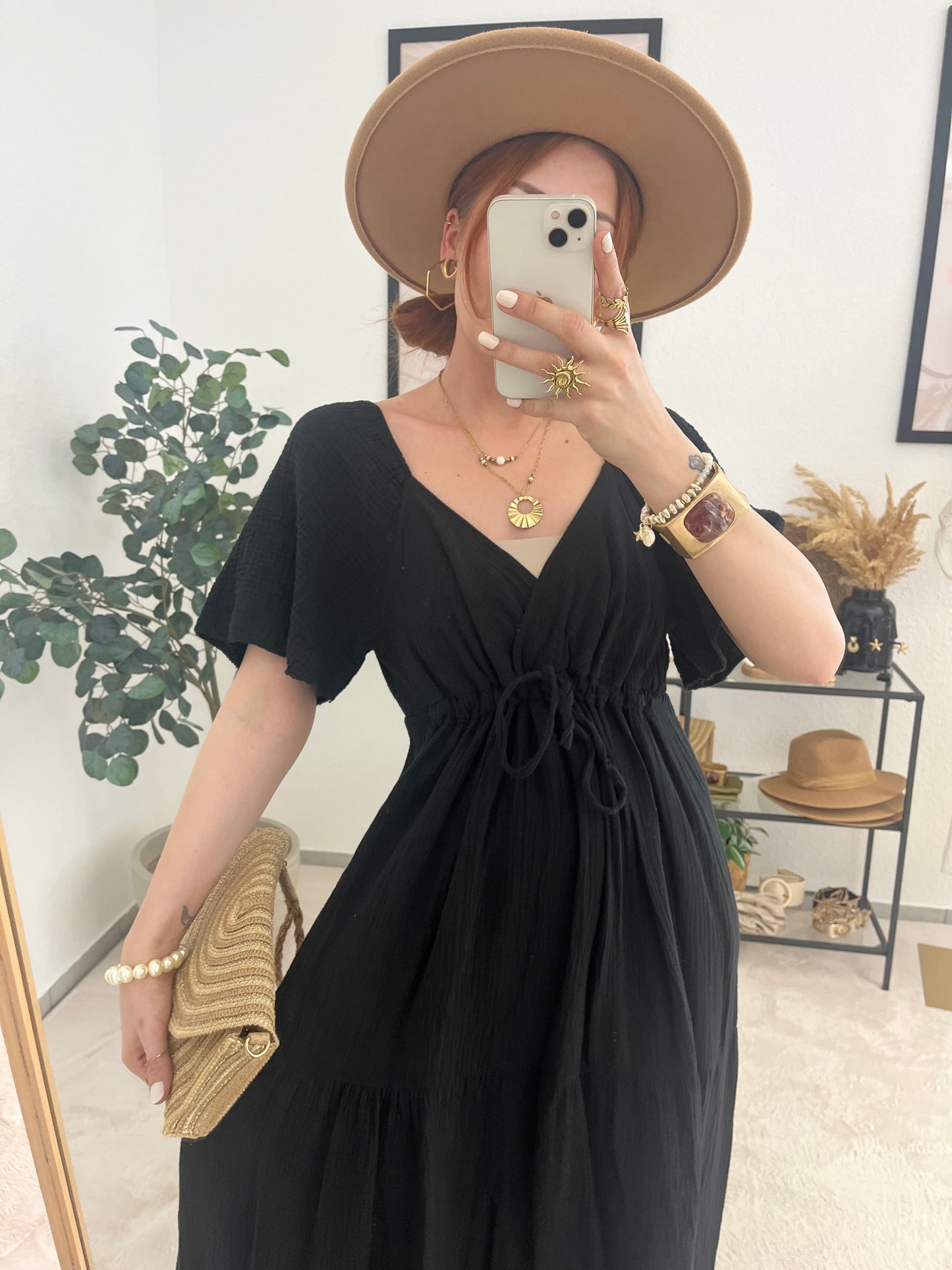 Musselinkleid "Sophia" schwarz - Maxikleid V-Auschnitt