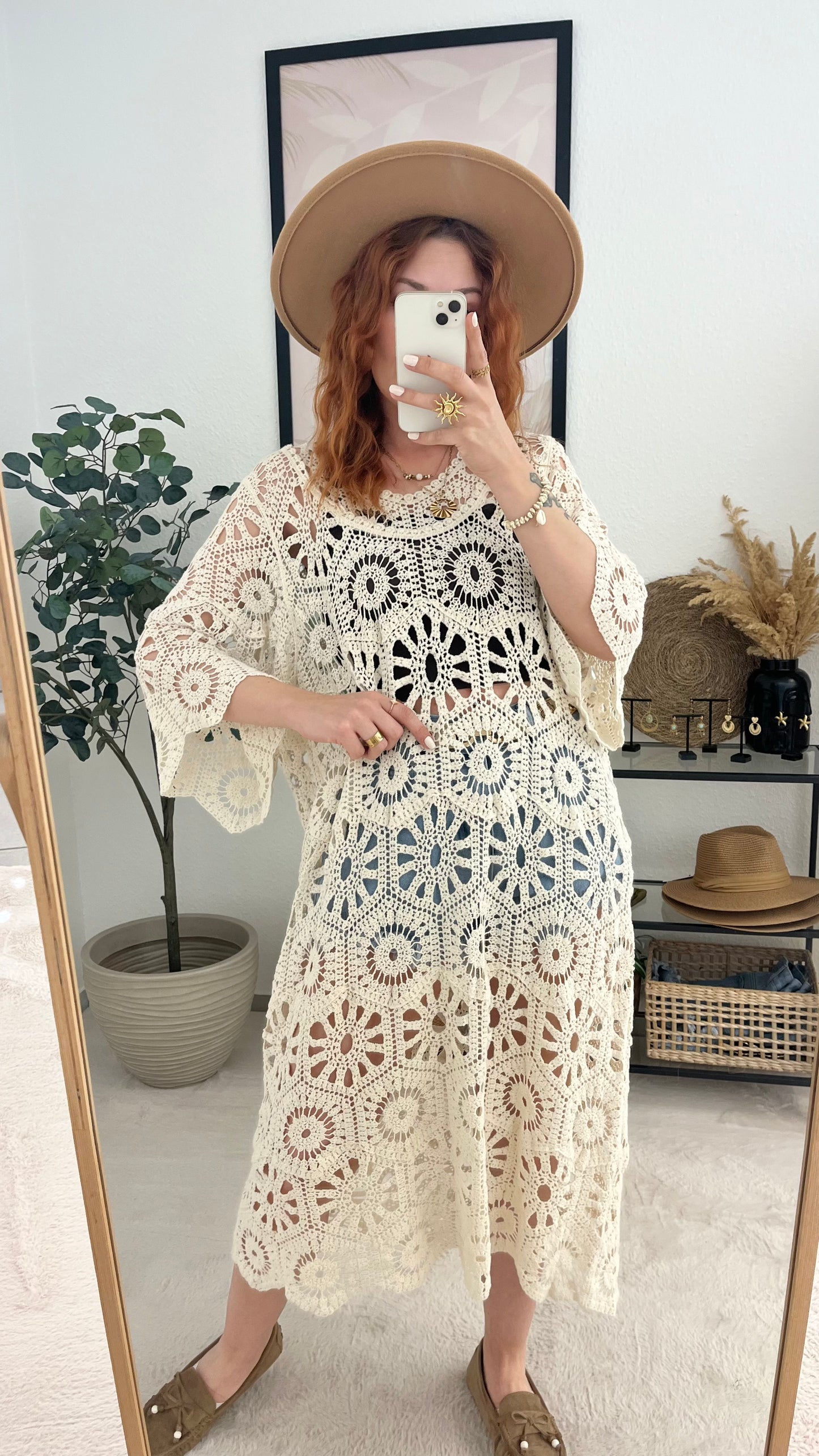 Strickkleid "Ohana" creme - Boho Häkelkleid