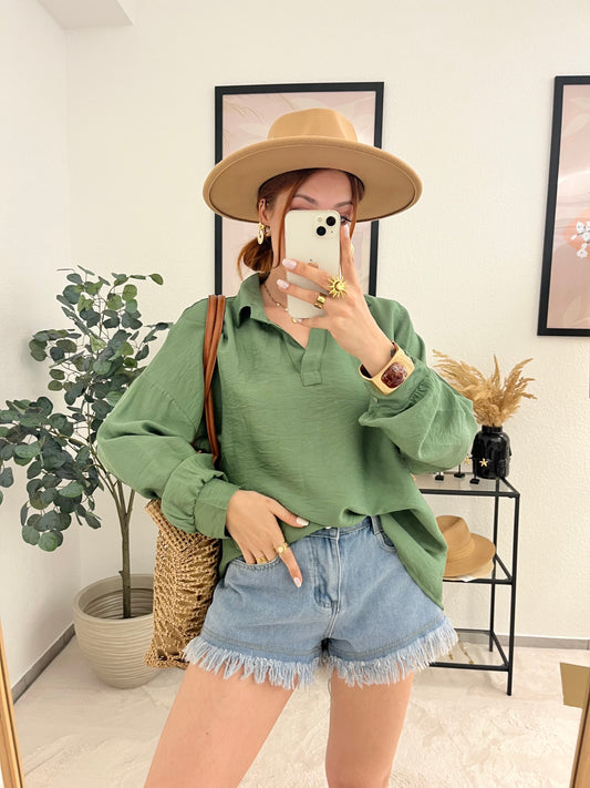 Bluse "Joline" khaki - langsarm Bluse mit Kragen