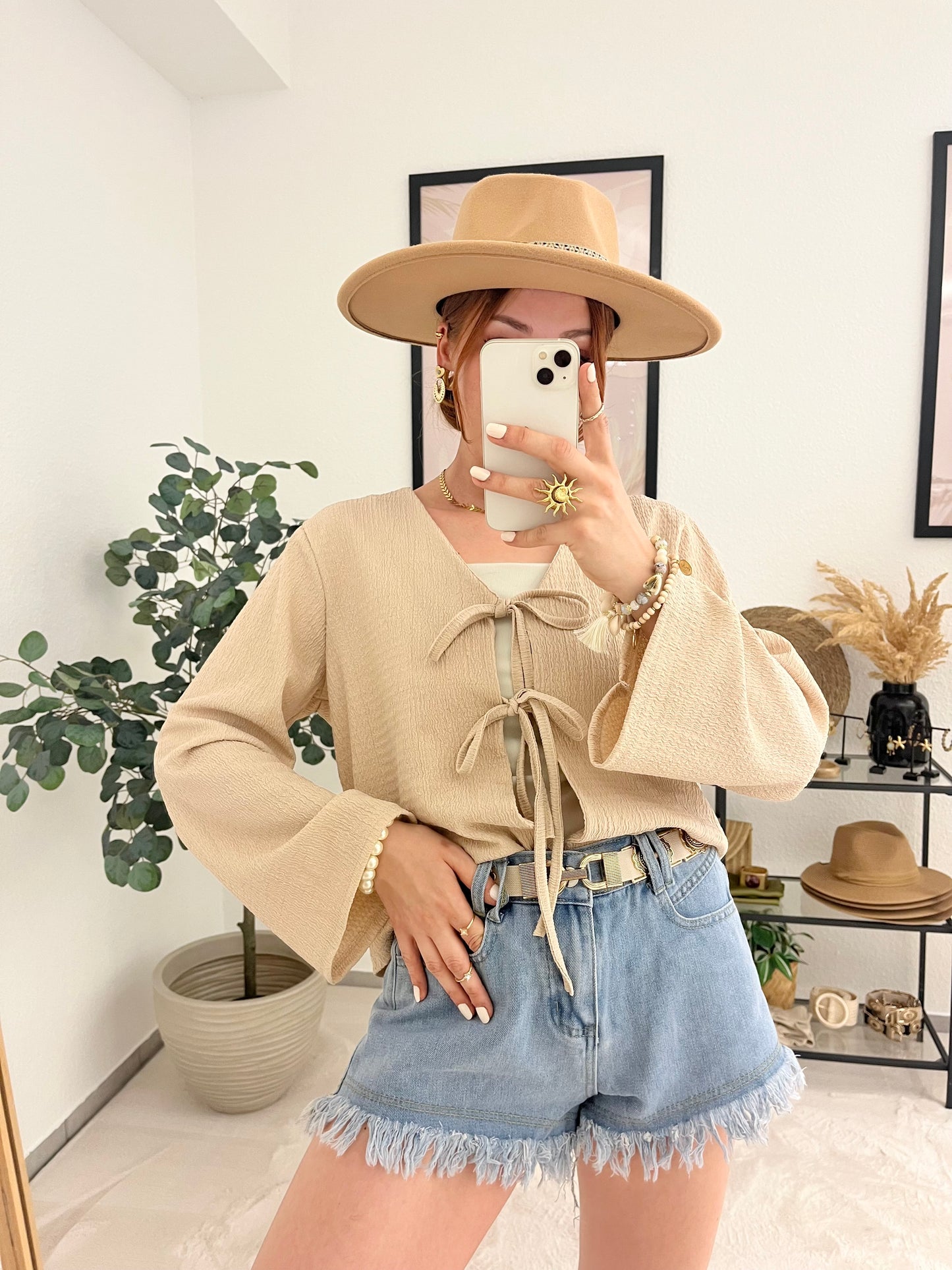 Bluse "Sarina" beige - Schnürbluse Boho Blusenjacke