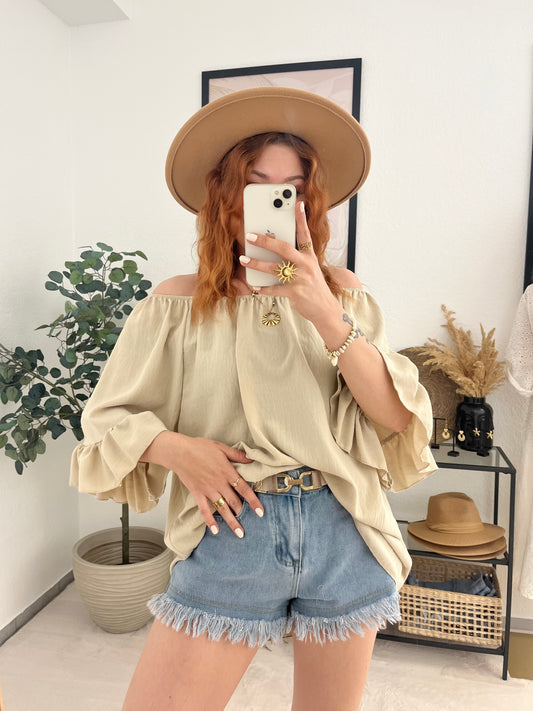 Bluse "Joyce" creme - lange Bluse Offshoulder