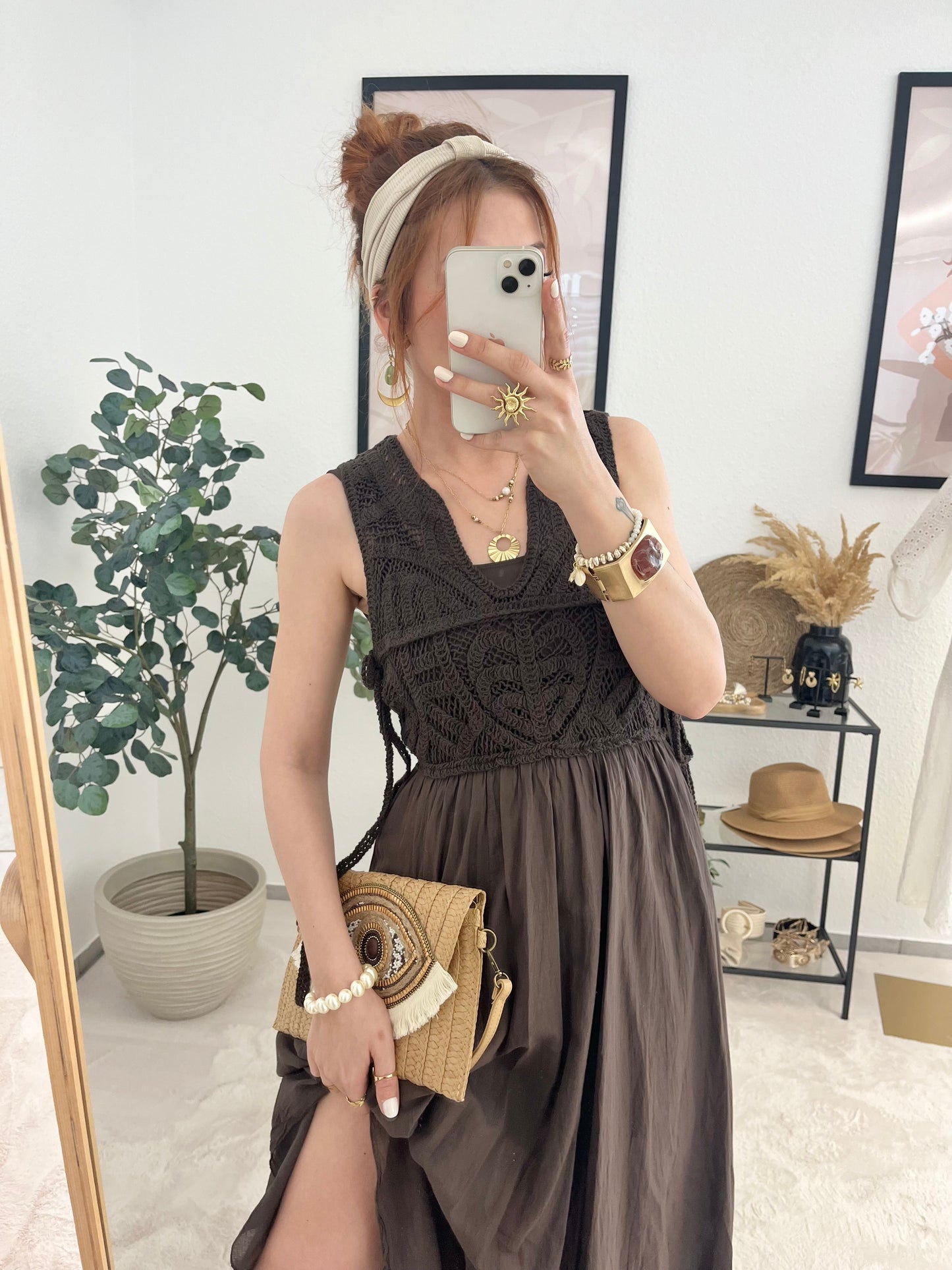 Kleid "Natalia" braun - Stricklook leichtes Kleid im Boho Style