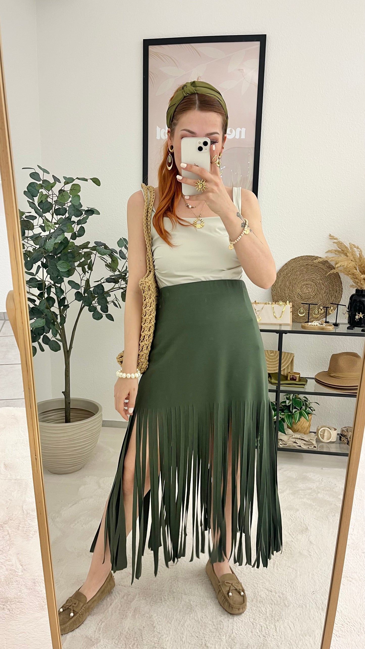 Rock "Ayla" khaki - Fransenrock mit Gummibund