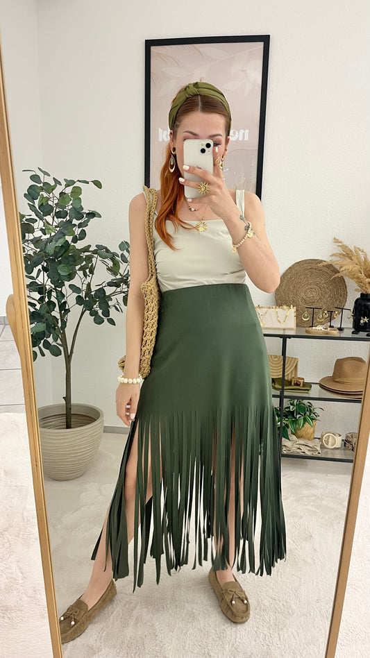 Rock "Ayla" khaki - Fransenrock mit Gummibund