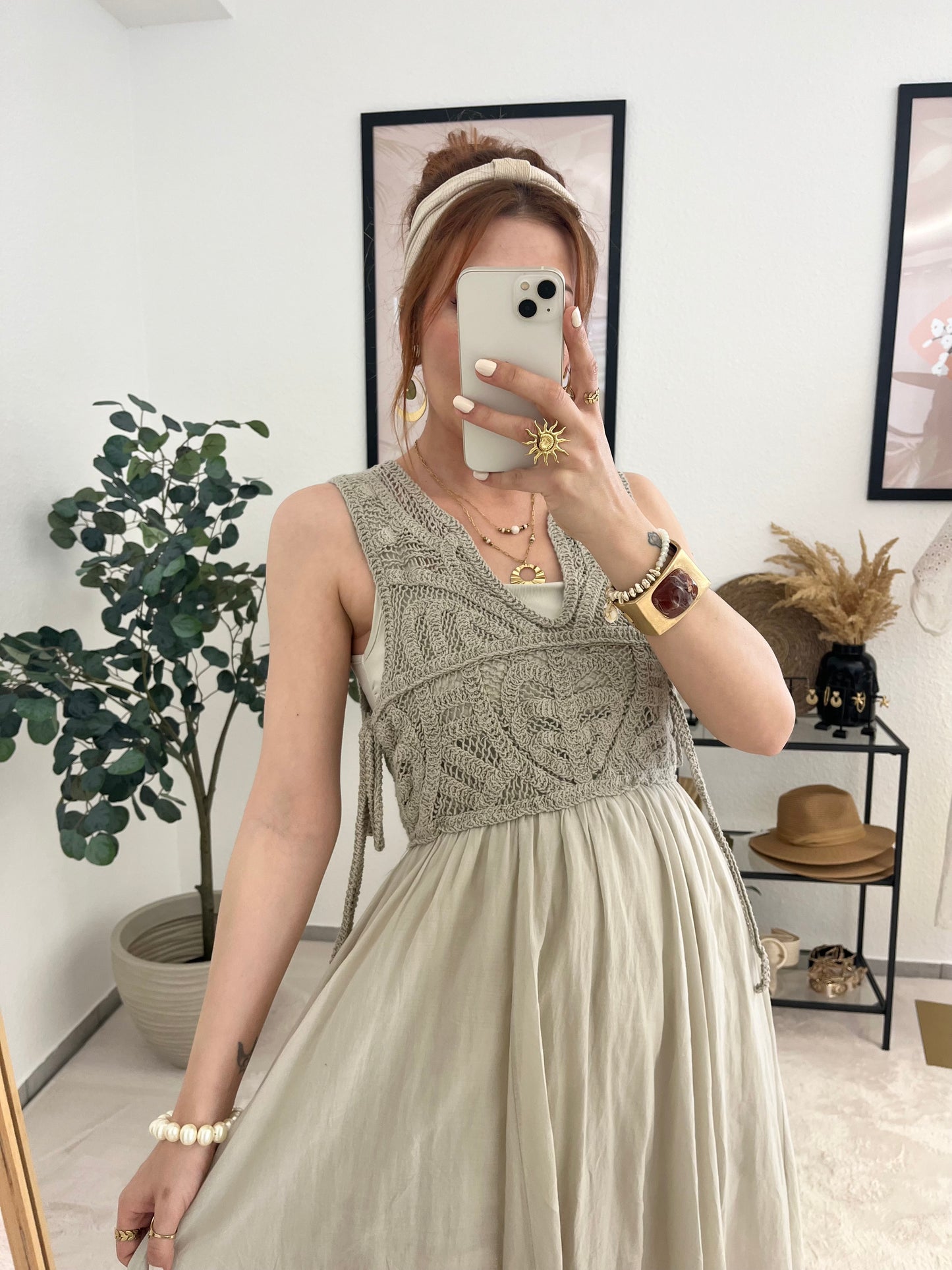 Kleid "Natalia" beige - Stricklook leichtes Kleid im Boho Style